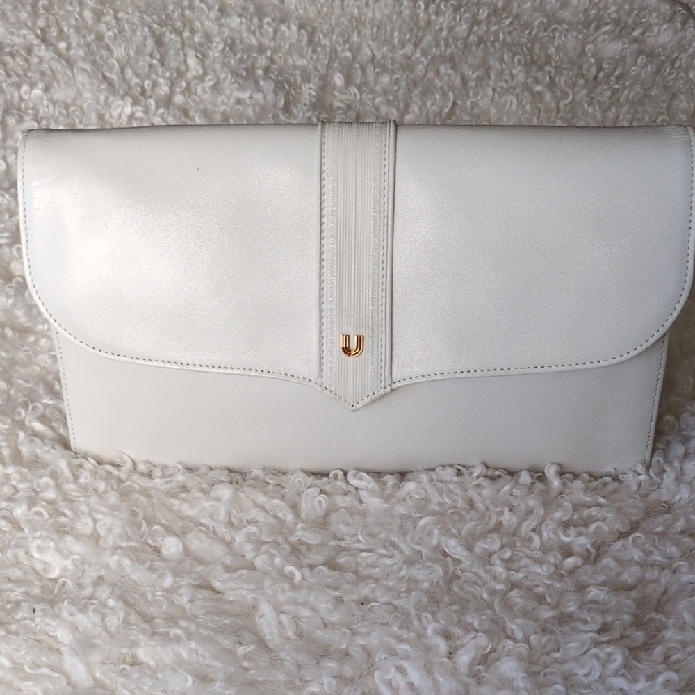 Emanuel Ungaro White Leather Clutch with Gold Accent